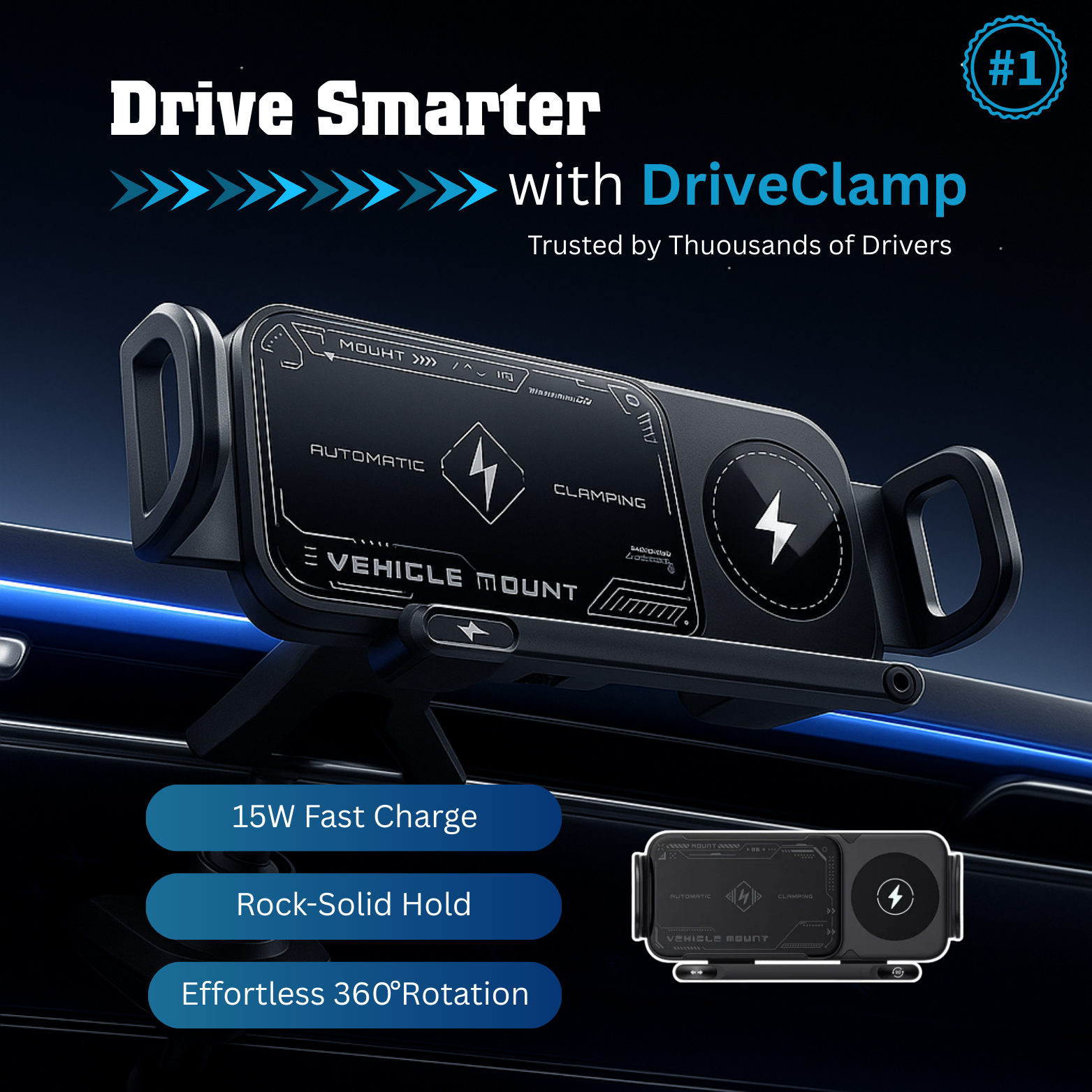 15W Auto-Clamp Wireless Car Mount | 360° Rotating Design