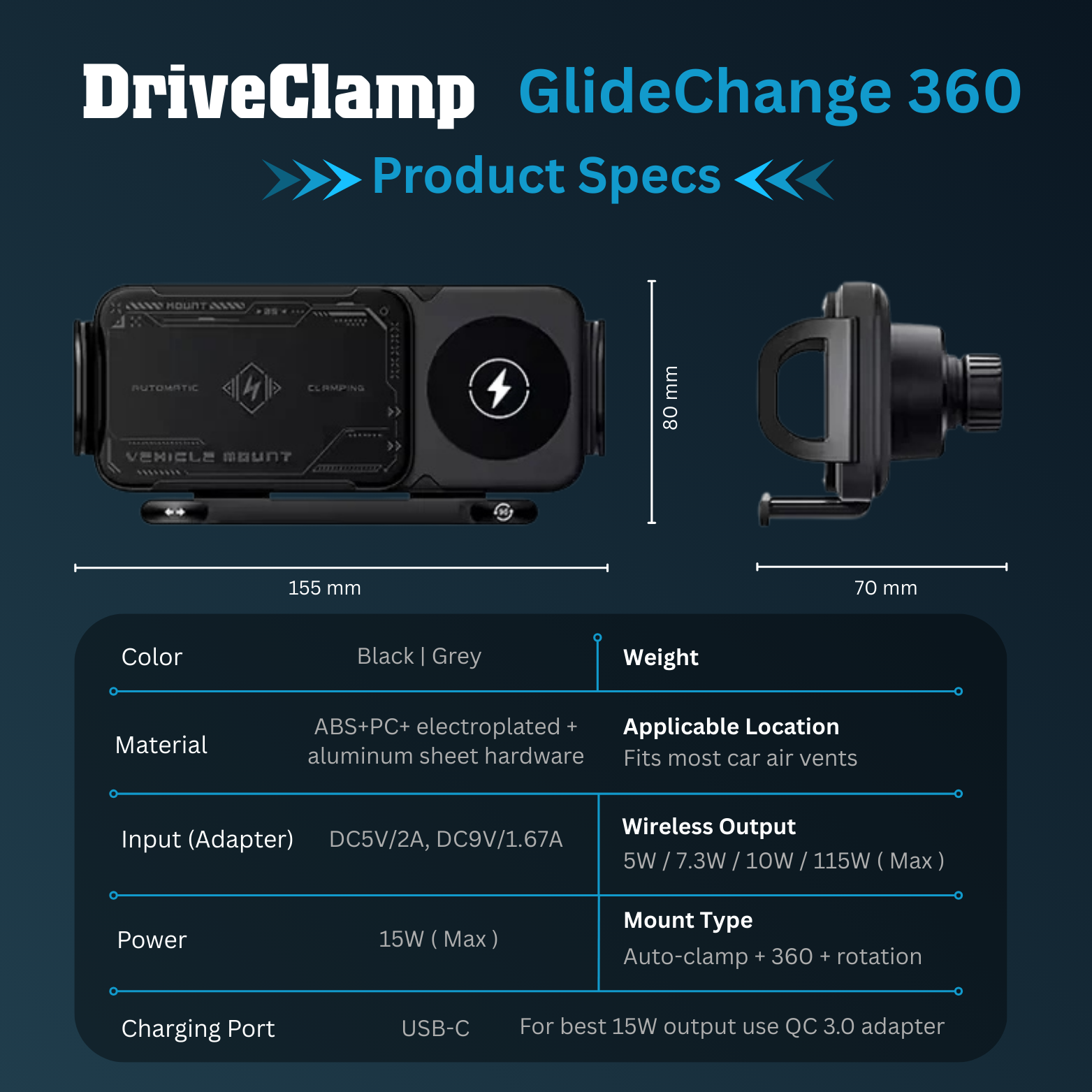 15W Auto-Clamp Wireless Car Mount | 360° Rotating Design